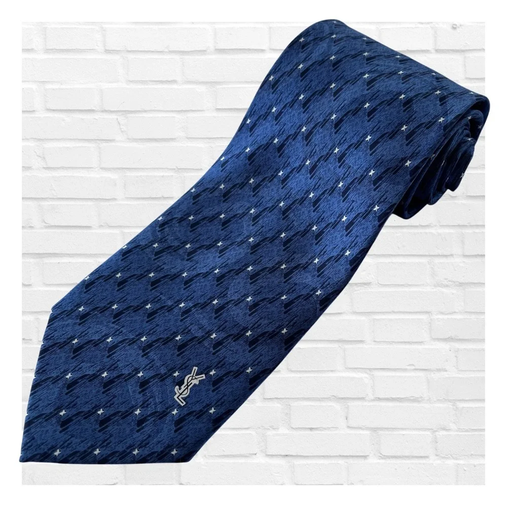 Yves Saint Laurent 100% Silk Tie Blue Black White Design Designer Logo Old Money